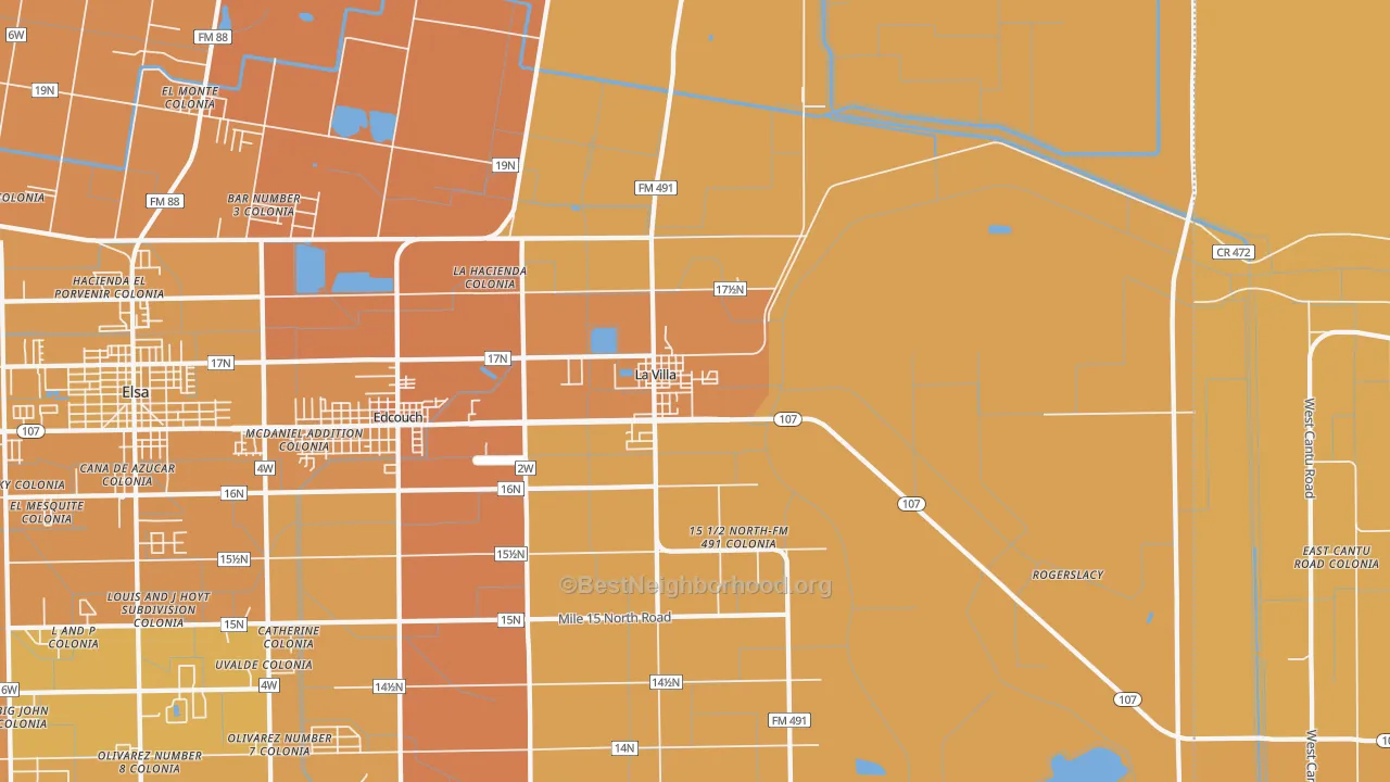 Map of the best neighborhoods in the 78562 area, with better matches in green and worse matches in red