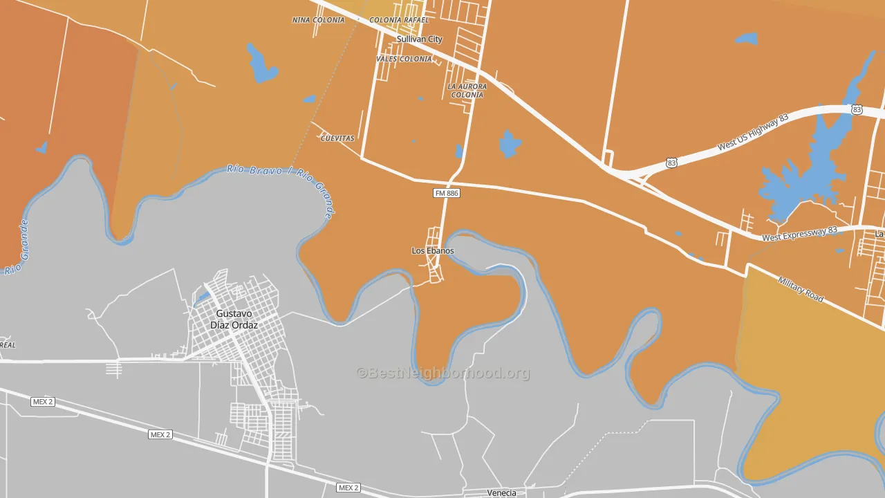Map of the best neighborhoods in the 78565 area, with better matches in green and worse matches in red