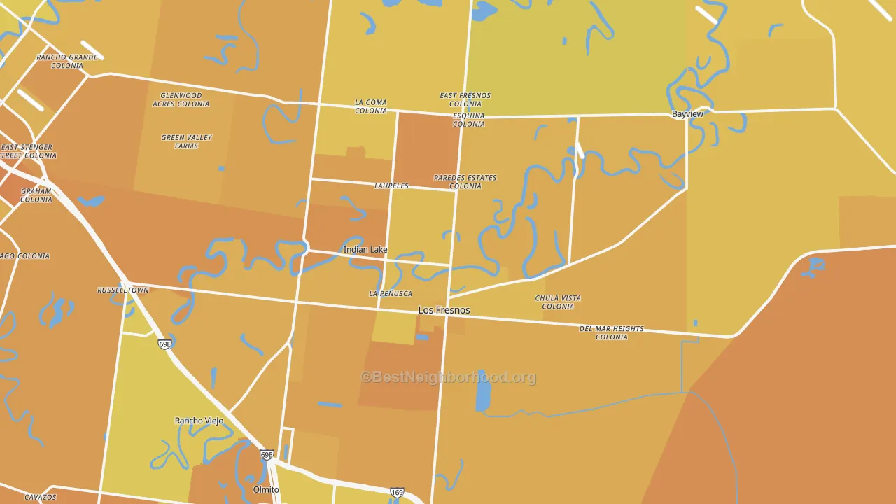 Map of the best neighborhoods in the 78566 area, with better matches in green and worse matches in red