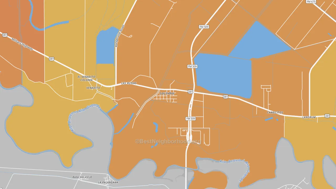 Map of the best neighborhoods in the 78567 area, with better matches in green and worse matches in red