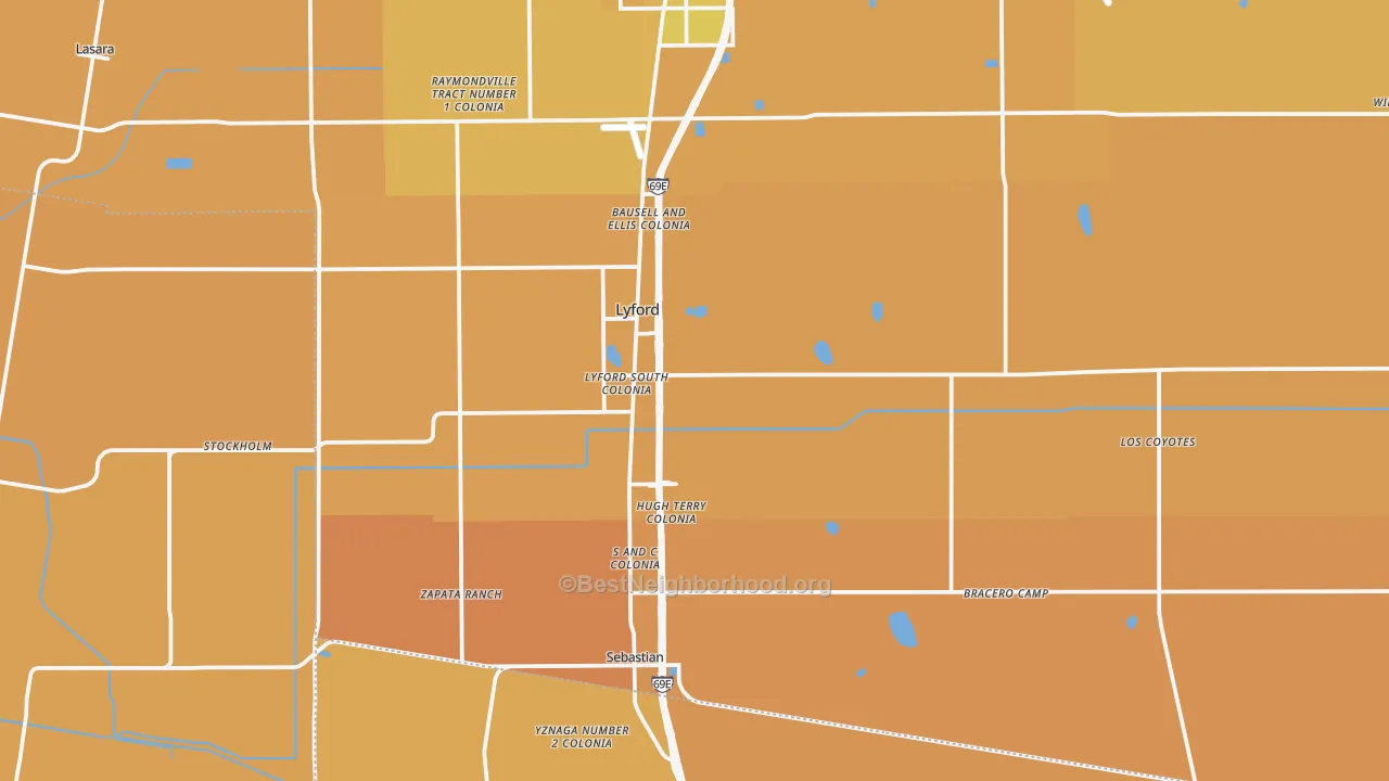 Map of the best neighborhoods in the 78569 area, with better matches in green and worse matches in red