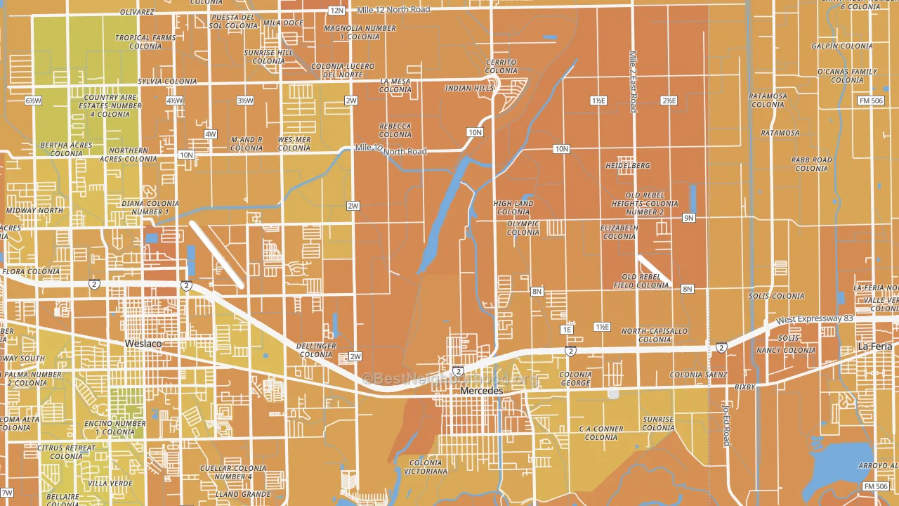 Map of the best neighborhoods in the 78570 area, with better matches in green and worse matches in red
