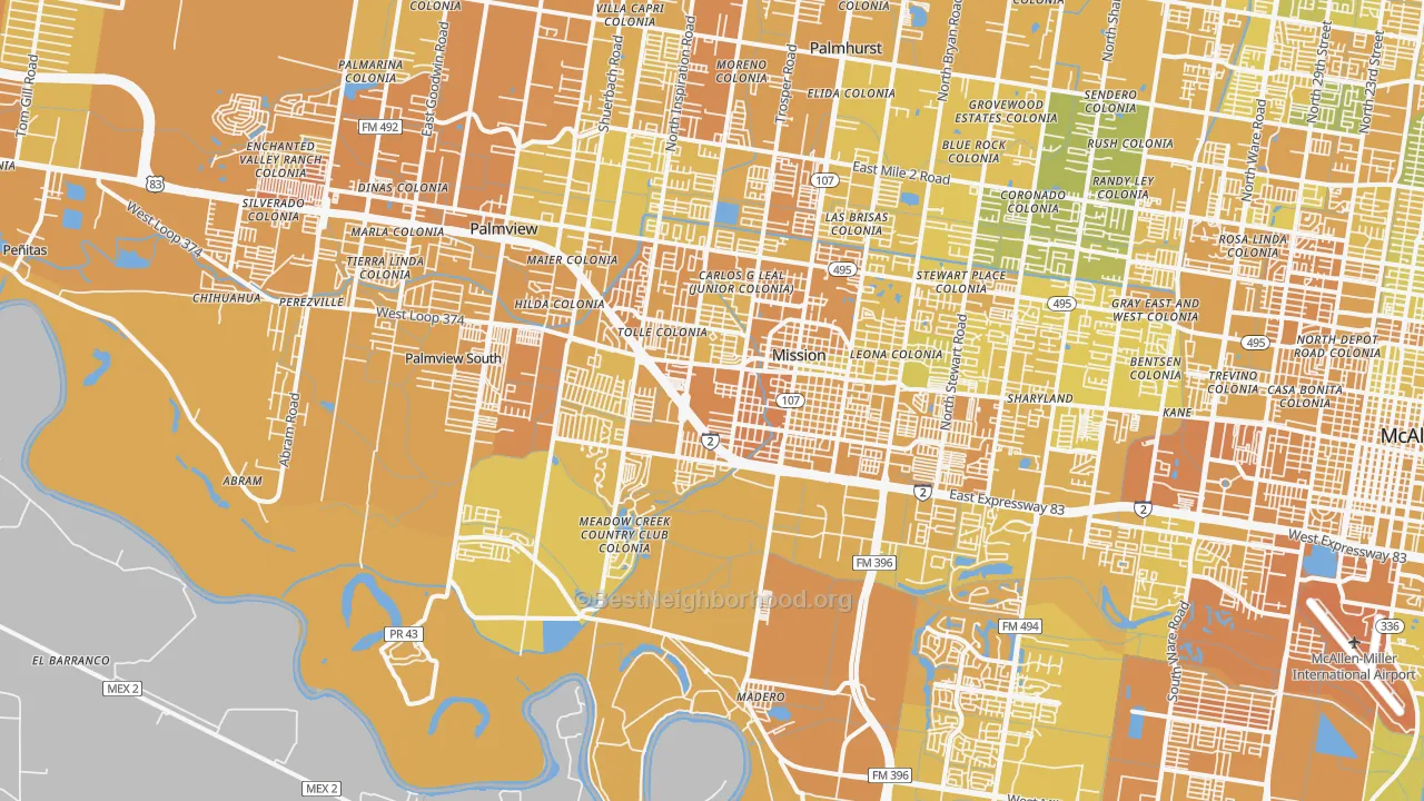 Map of the best neighborhoods in the 78572 area, with better matches in green and worse matches in red