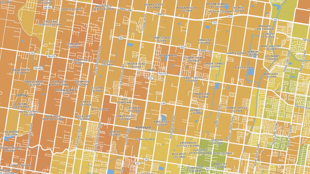 Map of the best neighborhoods in the 78573 area, with better matches in green and worse matches in red