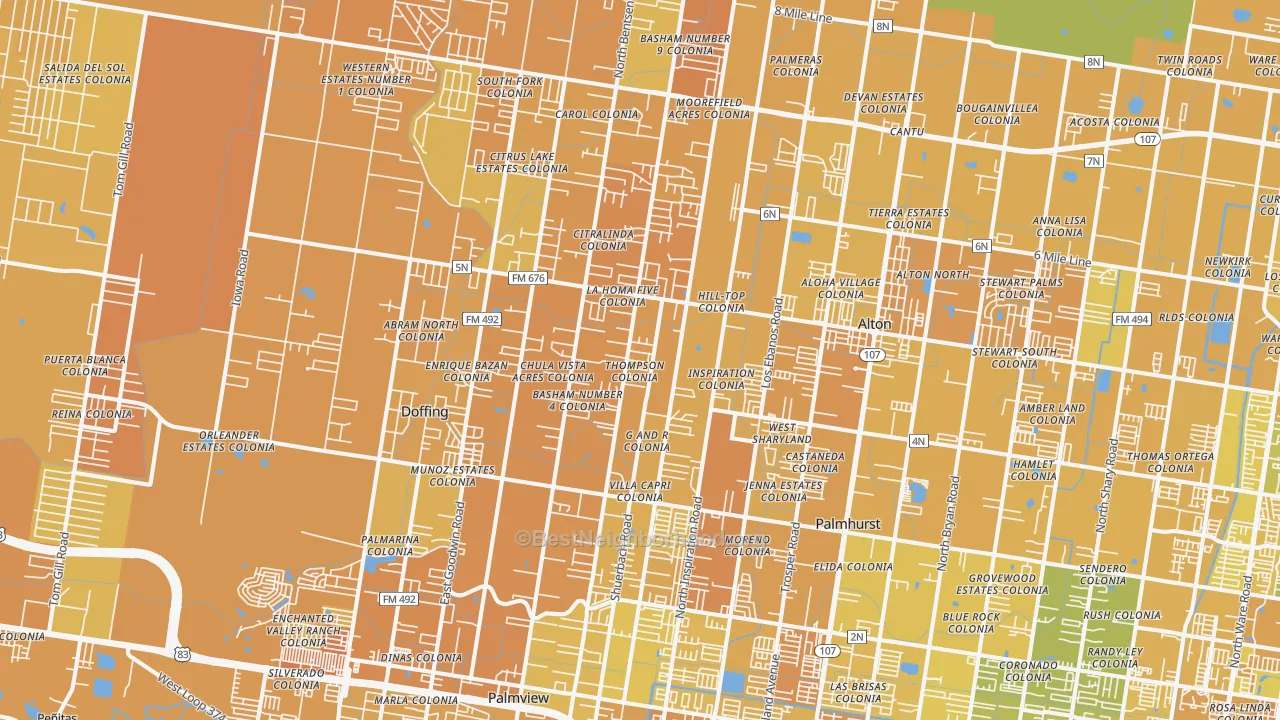 Map of the best neighborhoods in the 78574 area, with better matches in green and worse matches in red