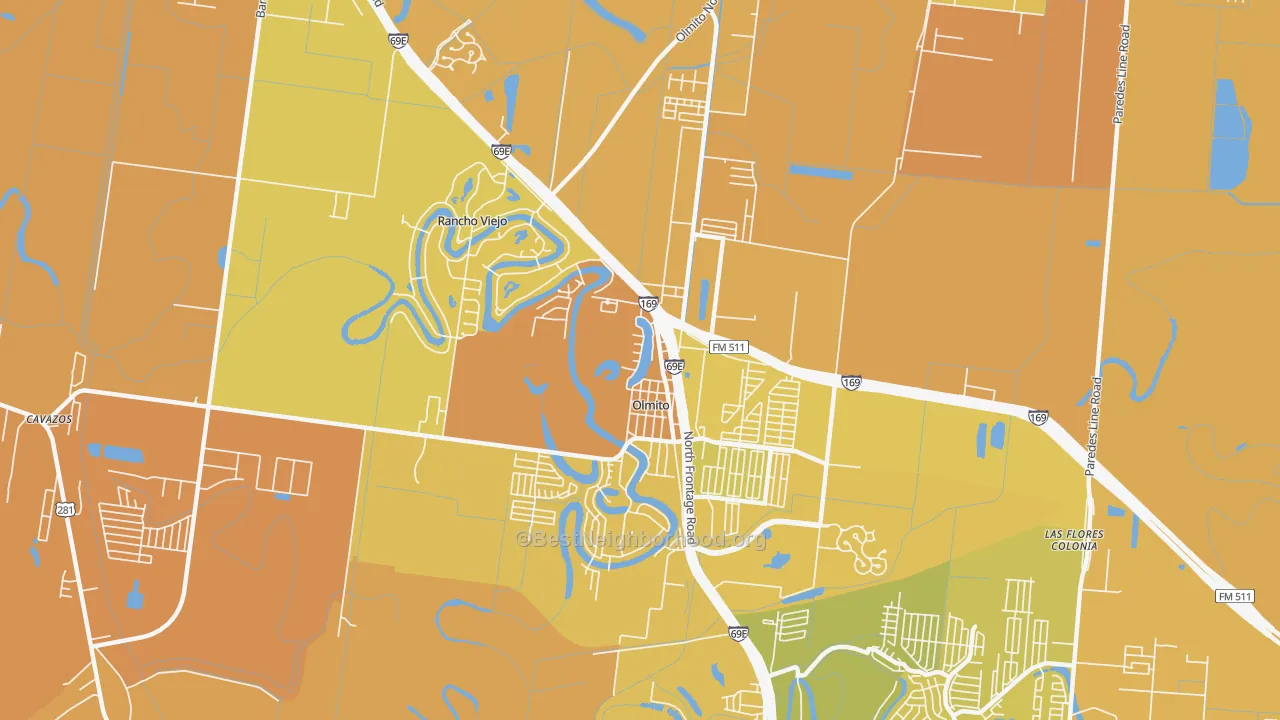 Map of the best neighborhoods in the 78575 area, with better matches in green and worse matches in red