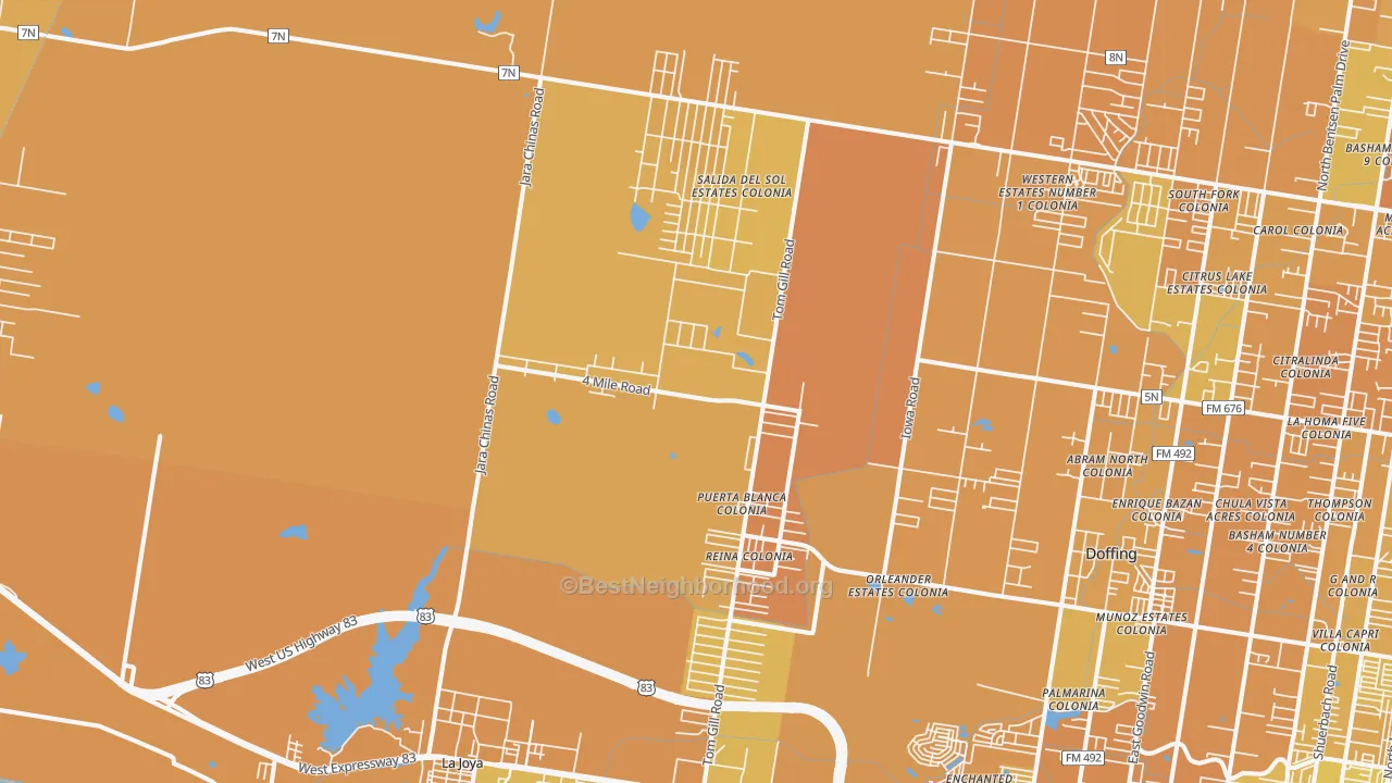 Map of the best neighborhoods in the 78576 area, with better matches in green and worse matches in red