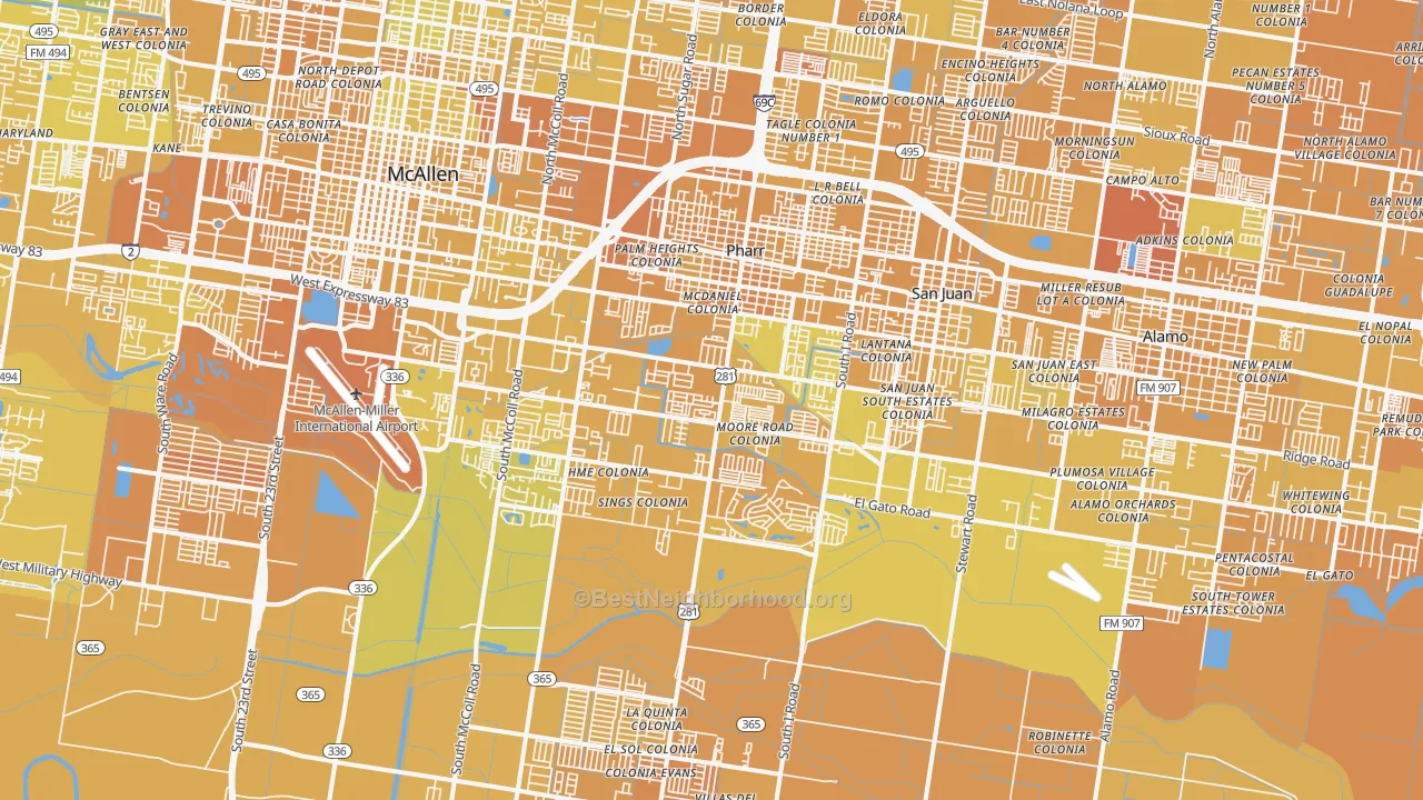 Map of the best neighborhoods in the 78577 area, with better matches in green and worse matches in red