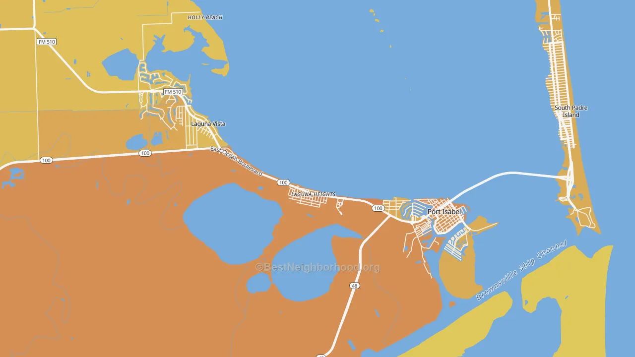 Map of the best neighborhoods in the 78578 area, with better matches in green and worse matches in red