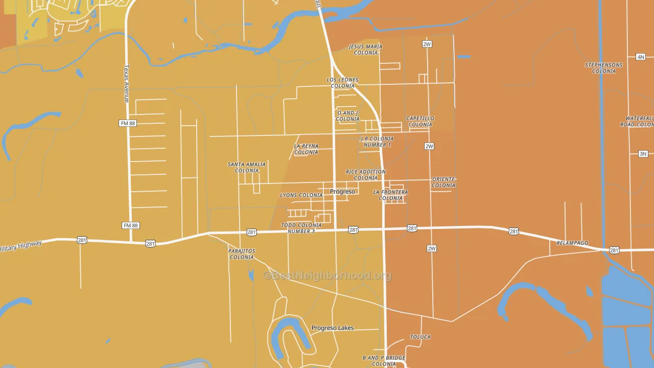 Map of the best neighborhoods in the 78579 area, with better matches in green and worse matches in red