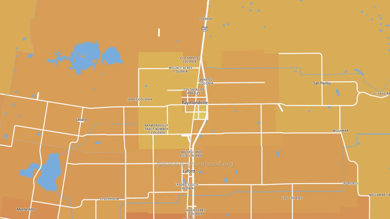 Map of the best neighborhoods in the 78580 area, with better matches in green and worse matches in red