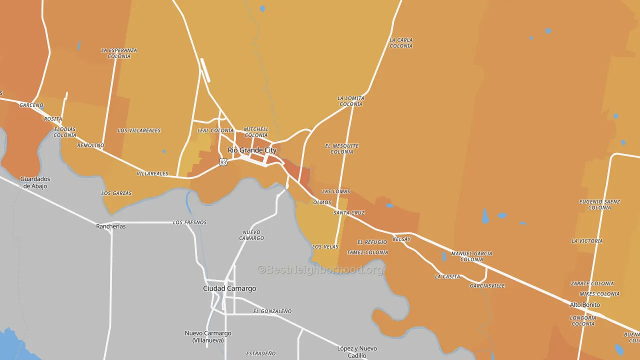 Map of the best neighborhoods in the 78582 area, with better matches in green and worse matches in red