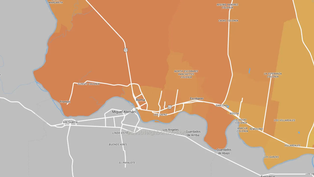 Map of the best neighborhoods in the 78584 area, with better matches in green and worse matches in red