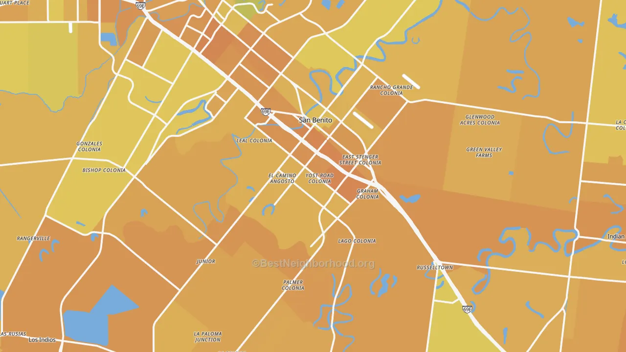 Map of the best neighborhoods in the 78586 area, with better matches in green and worse matches in red
