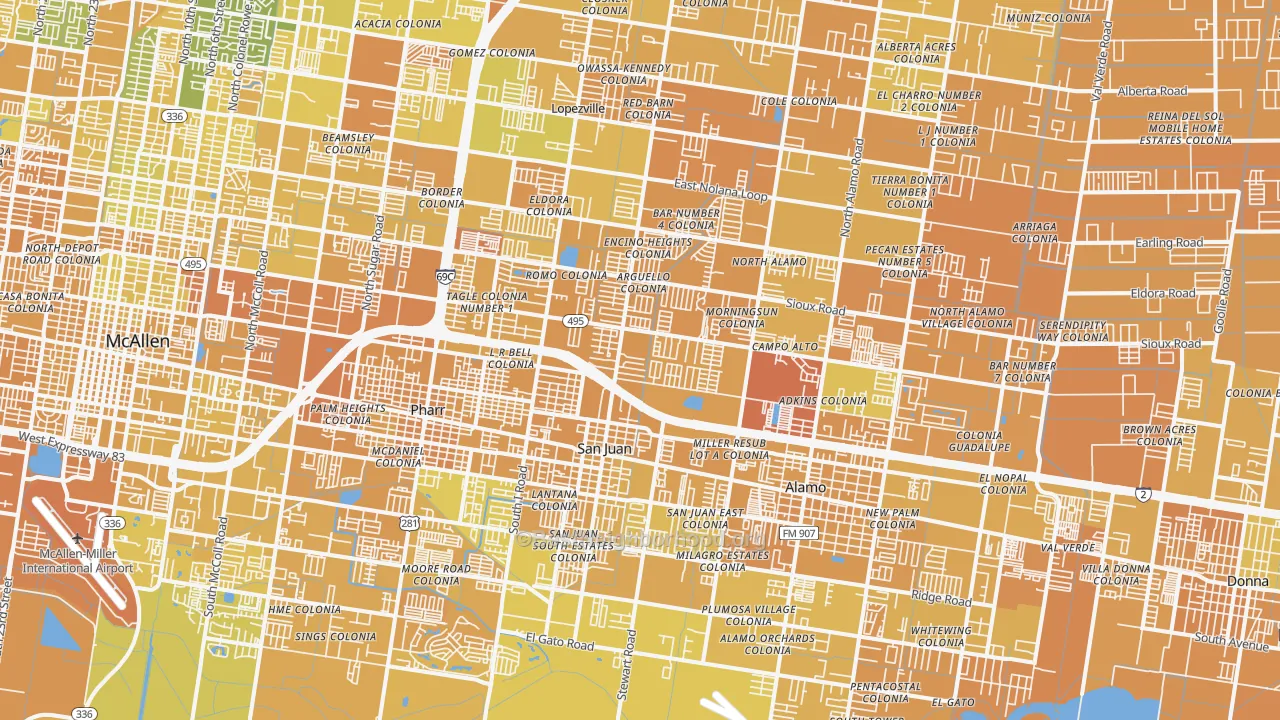 Map of the best neighborhoods in the 78589 area, with better matches in green and worse matches in red