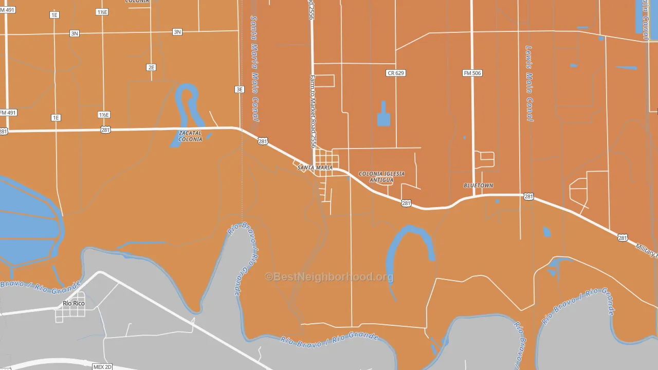 Map of the best neighborhoods in the 78592 area, with better matches in green and worse matches in red