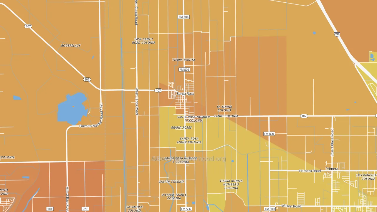 Map of the best neighborhoods in the 78593 area, with better matches in green and worse matches in red