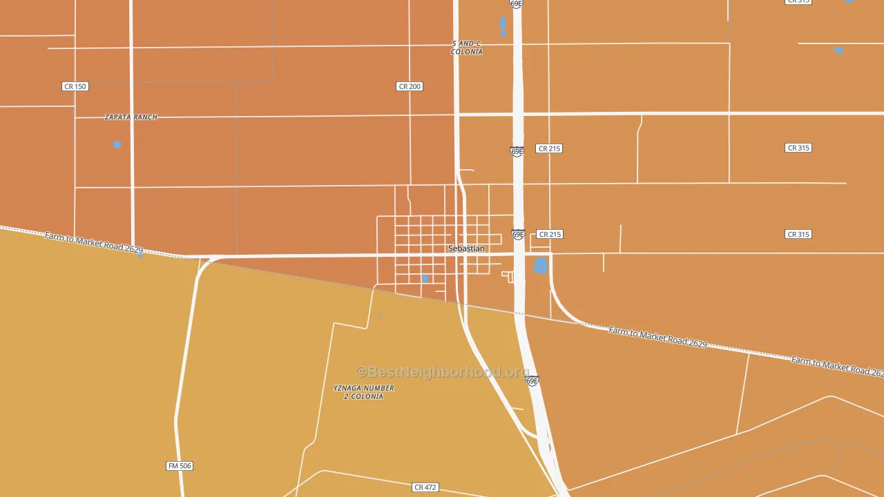 Map of the best neighborhoods in the 78594 area, with better matches in green and worse matches in red