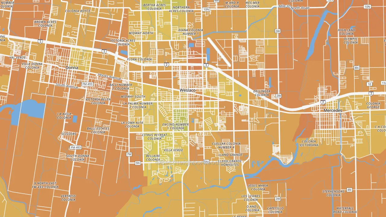 Map of the best neighborhoods in the 78596 area, with better matches in green and worse matches in red
