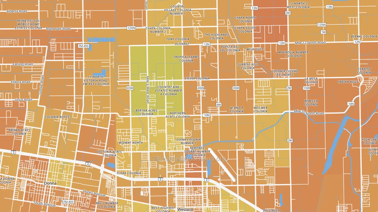 Map of the best neighborhoods in the 78599 area, with better matches in green and worse matches in red