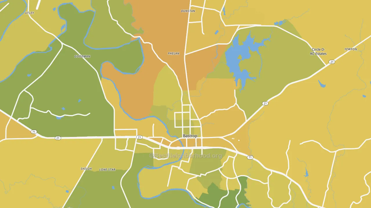 Map of the best neighborhoods in the 78602 area, with better matches in green and worse matches in red