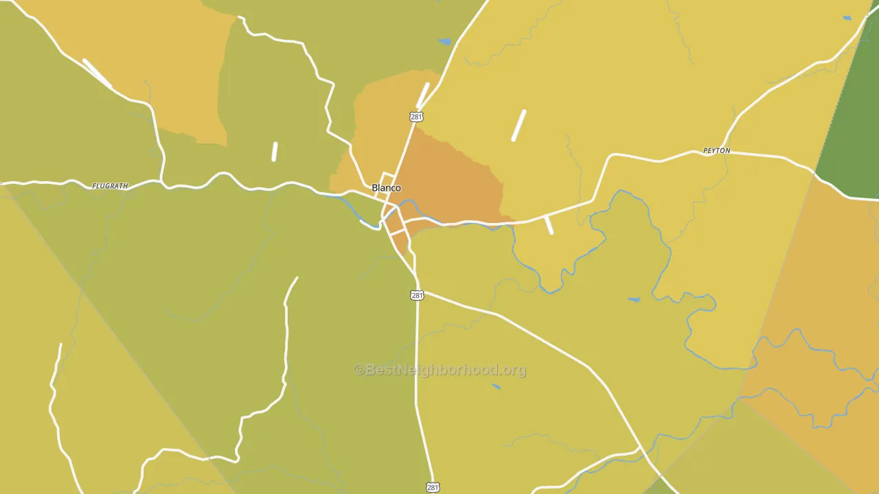 Map of the best neighborhoods in the 78606 area, with better matches in green and worse matches in red