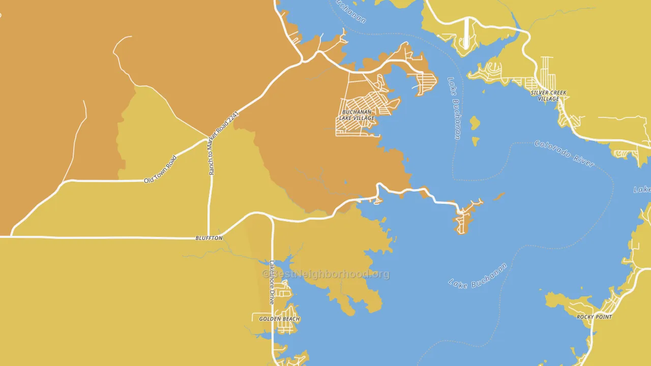 Map of the best neighborhoods in the 78607 area, with better matches in green and worse matches in red