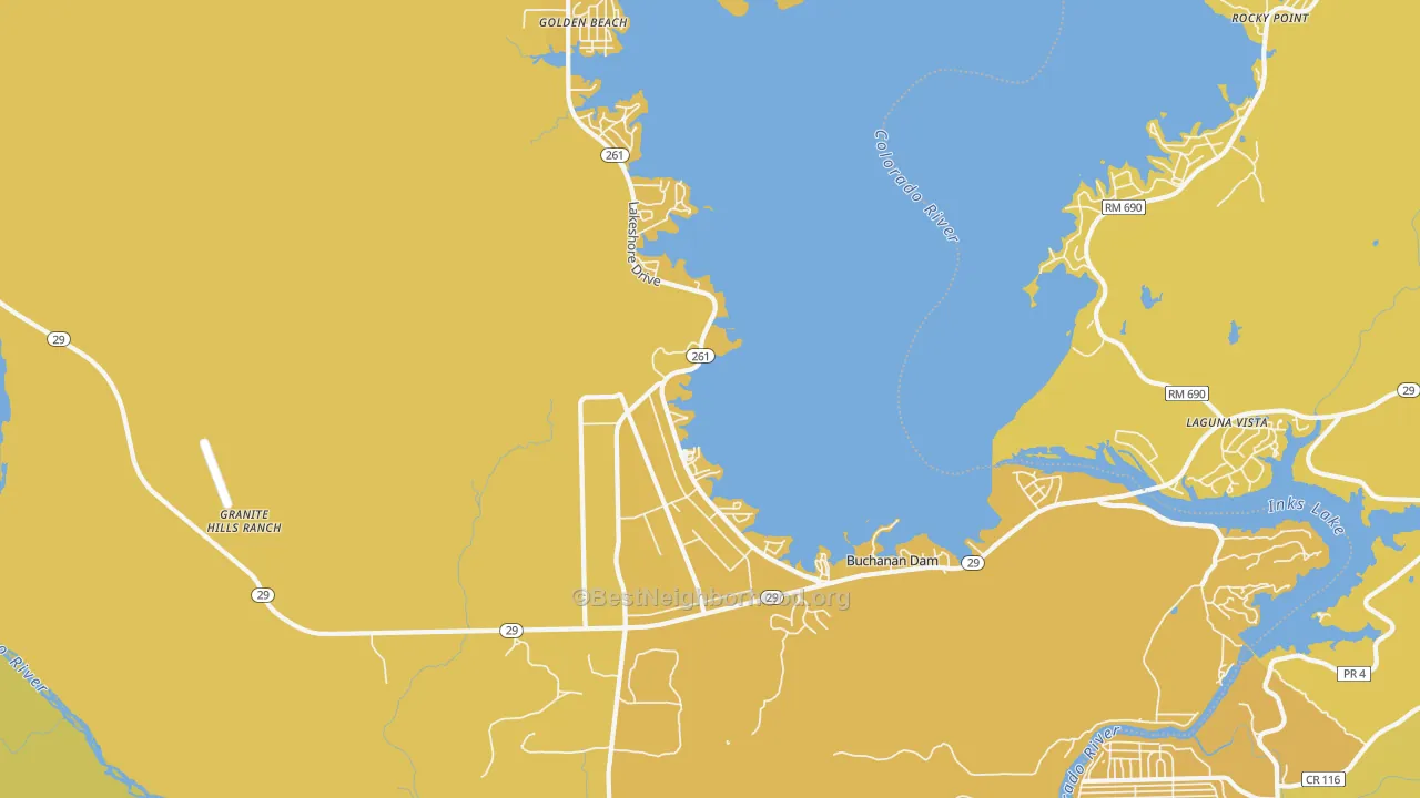 Map of the best neighborhoods in the 78609 area, with better matches in green and worse matches in red