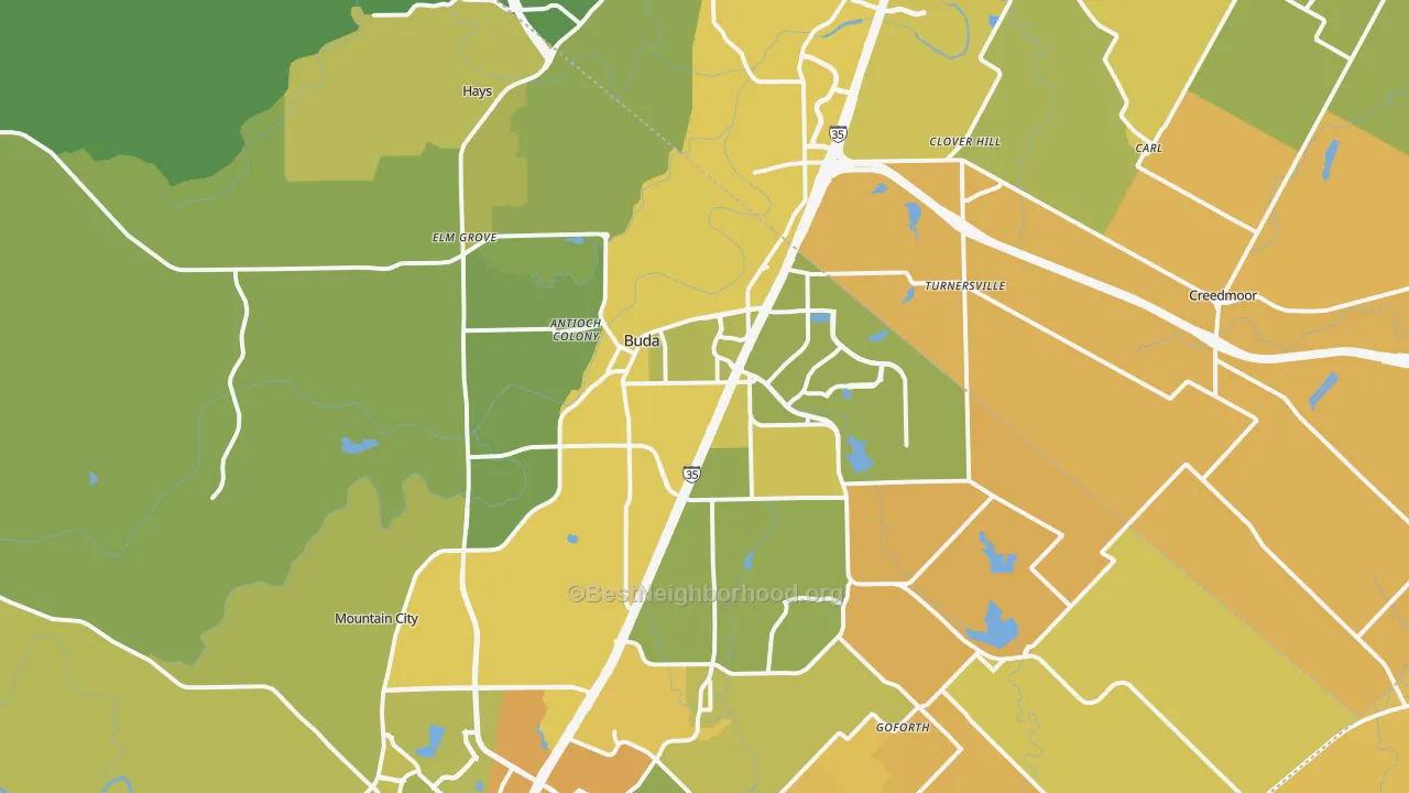 Map of the best neighborhoods in the 78610 area, with better matches in green and worse matches in red