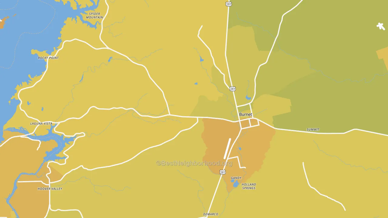 Map of the best neighborhoods in the 78611 area, with better matches in green and worse matches in red