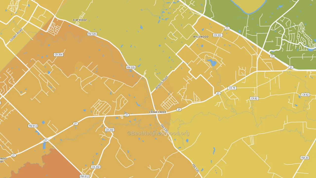 Map of the best neighborhoods in the 78612 area, with better matches in green and worse matches in red