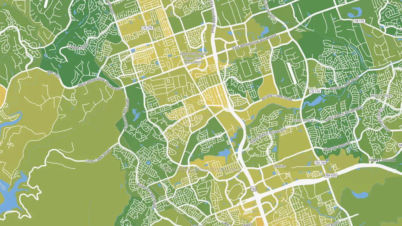Map of the best neighborhoods in the 78613 area, with better matches in green and worse matches in red