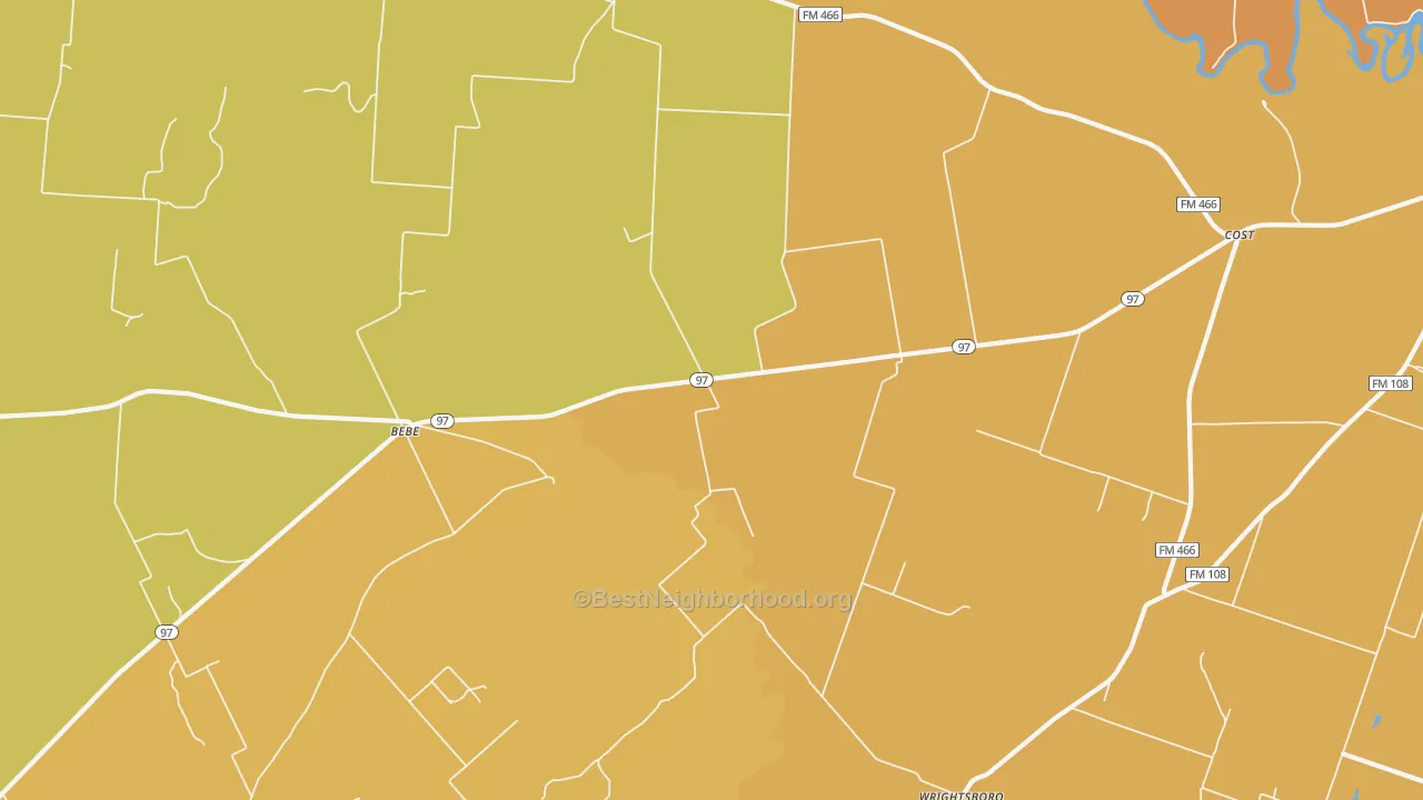 Map of the best neighborhoods in the 78614 area, with better matches in green and worse matches in red
