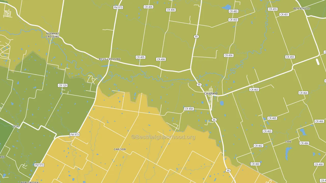 Map of the best neighborhoods in the 78615 area, with better matches in green and worse matches in red