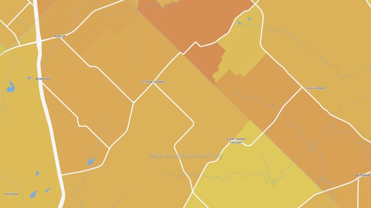 Map of the best neighborhoods in the 78616 area, with better matches in green and worse matches in red