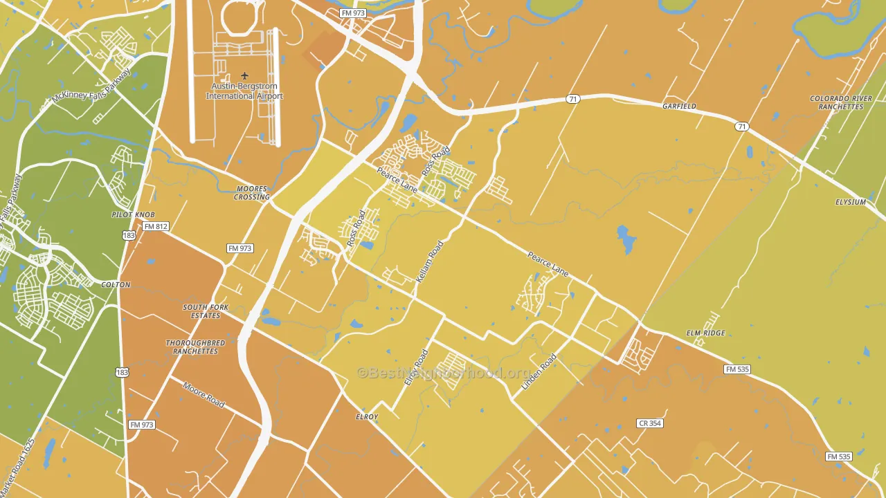 Map of the best neighborhoods in the 78617 area, with better matches in green and worse matches in red