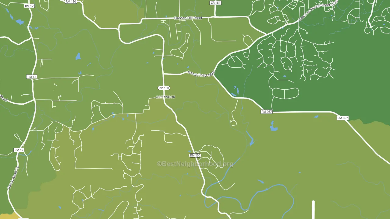 Map of the best neighborhoods in the 78619 area, with better matches in green and worse matches in red