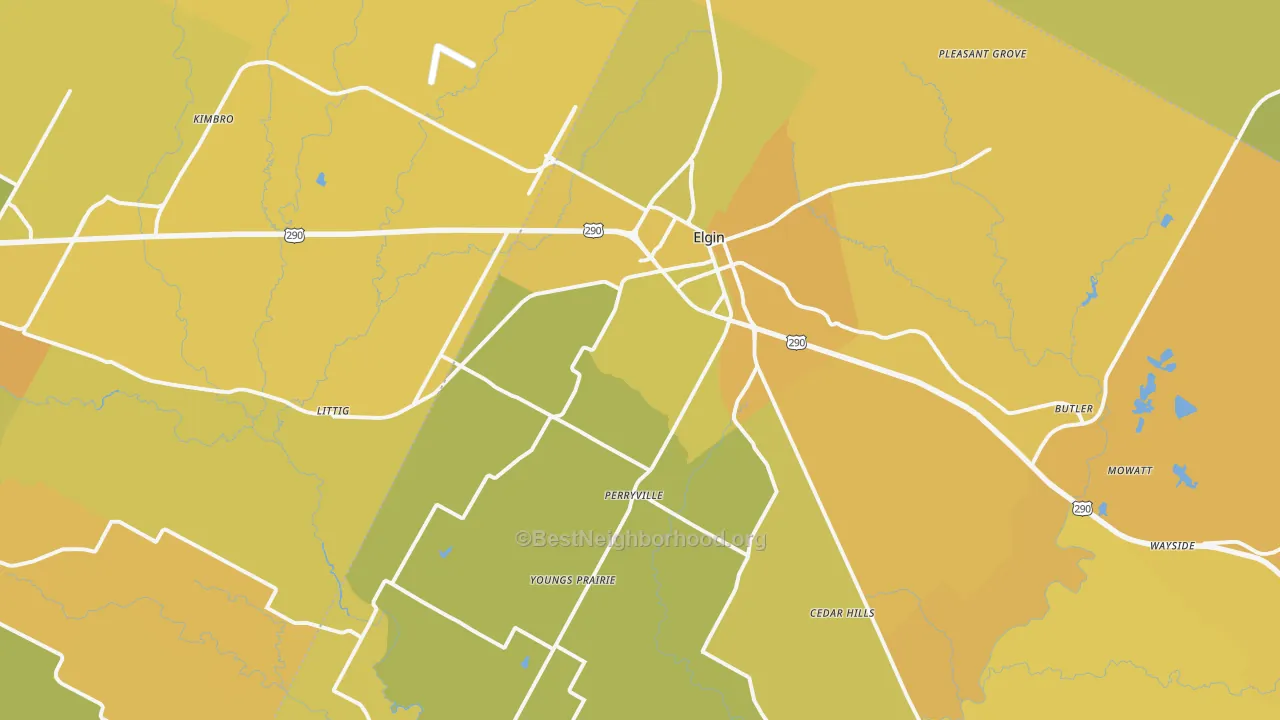 Map of the best neighborhoods in the 78621 area, with better matches in green and worse matches in red