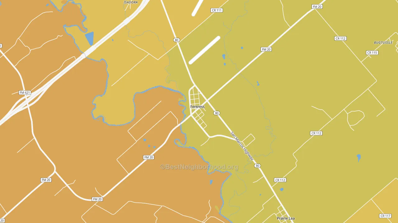 Map of the best neighborhoods in the 78622 area, with better matches in green and worse matches in red