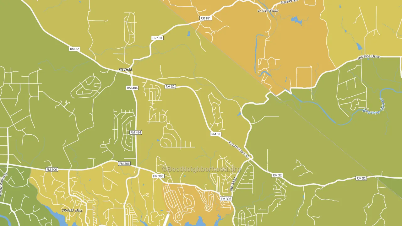 Map of the best neighborhoods in the 78623 area, with better matches in green and worse matches in red