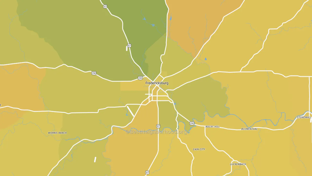 Map of the best neighborhoods in the 78624 area, with better matches in green and worse matches in red