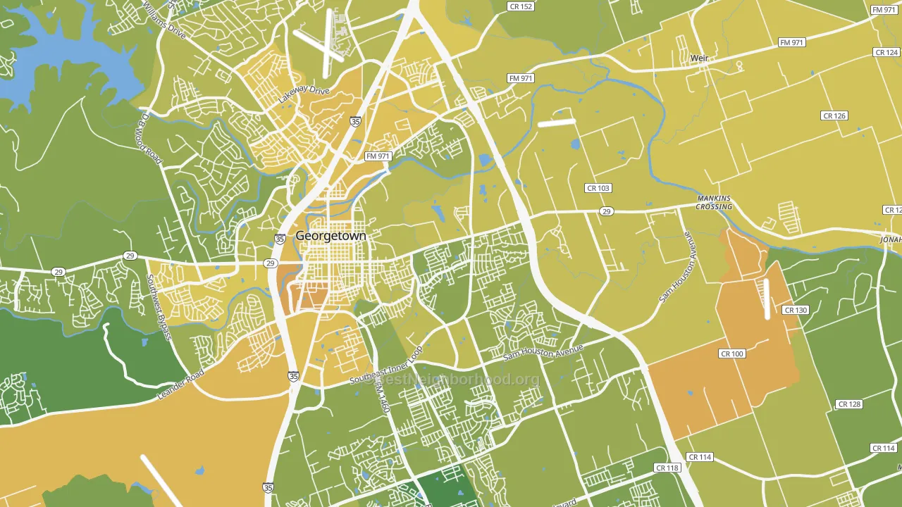 Map of the best neighborhoods in the 78626 area, with better matches in green and worse matches in red
