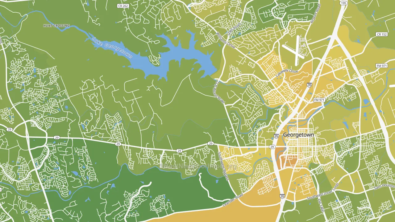 Map of the best neighborhoods in the 78628 area, with better matches in green and worse matches in red