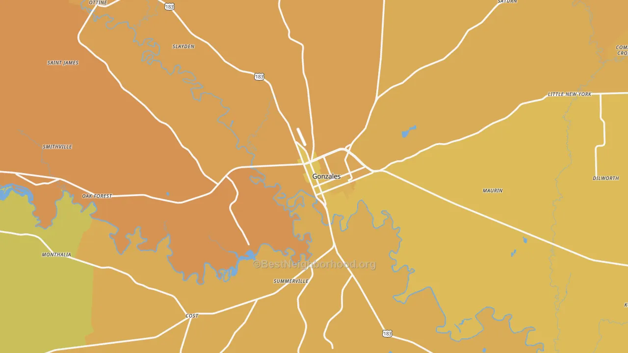Map of the best neighborhoods in the 78629 area, with better matches in green and worse matches in red