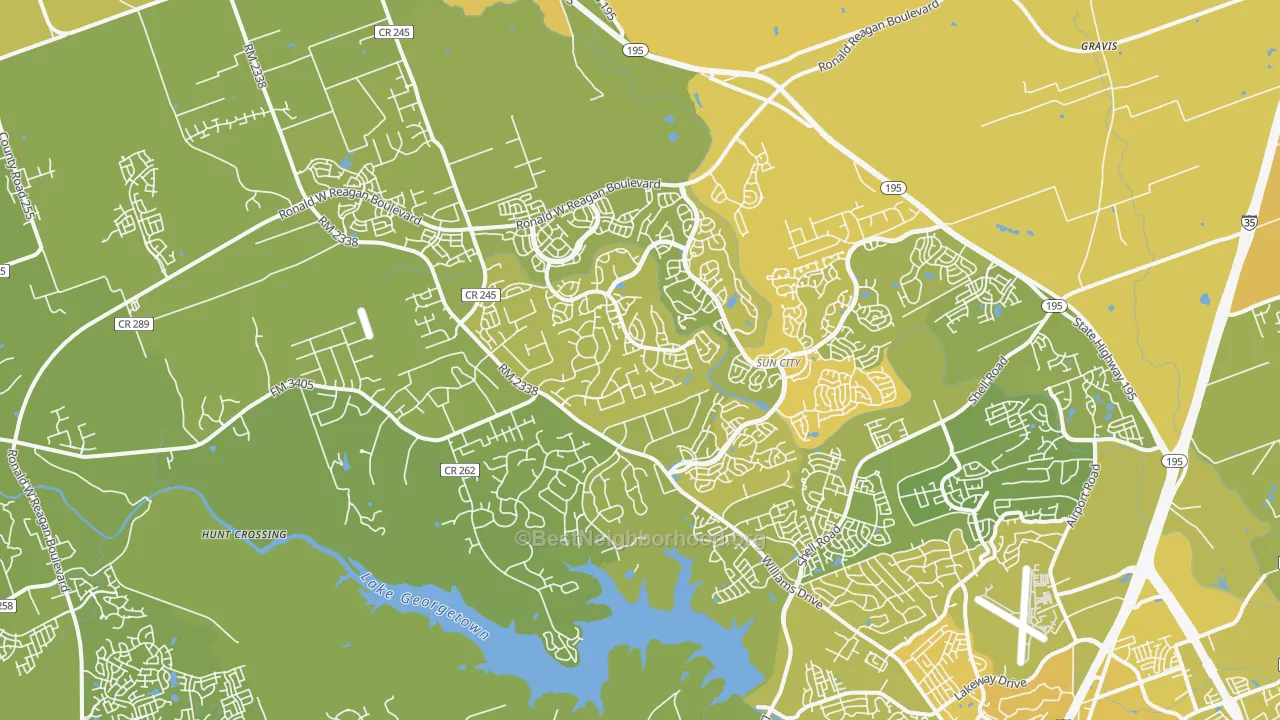 Map of the best neighborhoods in the 78633 area, with better matches in green and worse matches in red