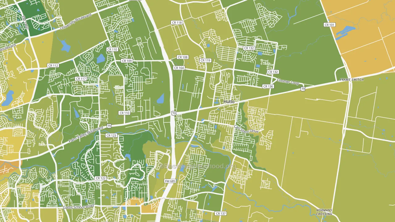 Map of the best neighborhoods in the 78634 area, with better matches in green and worse matches in red