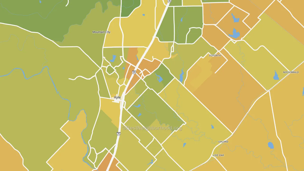 Map of the best neighborhoods in the 78640 area, with better matches in green and worse matches in red