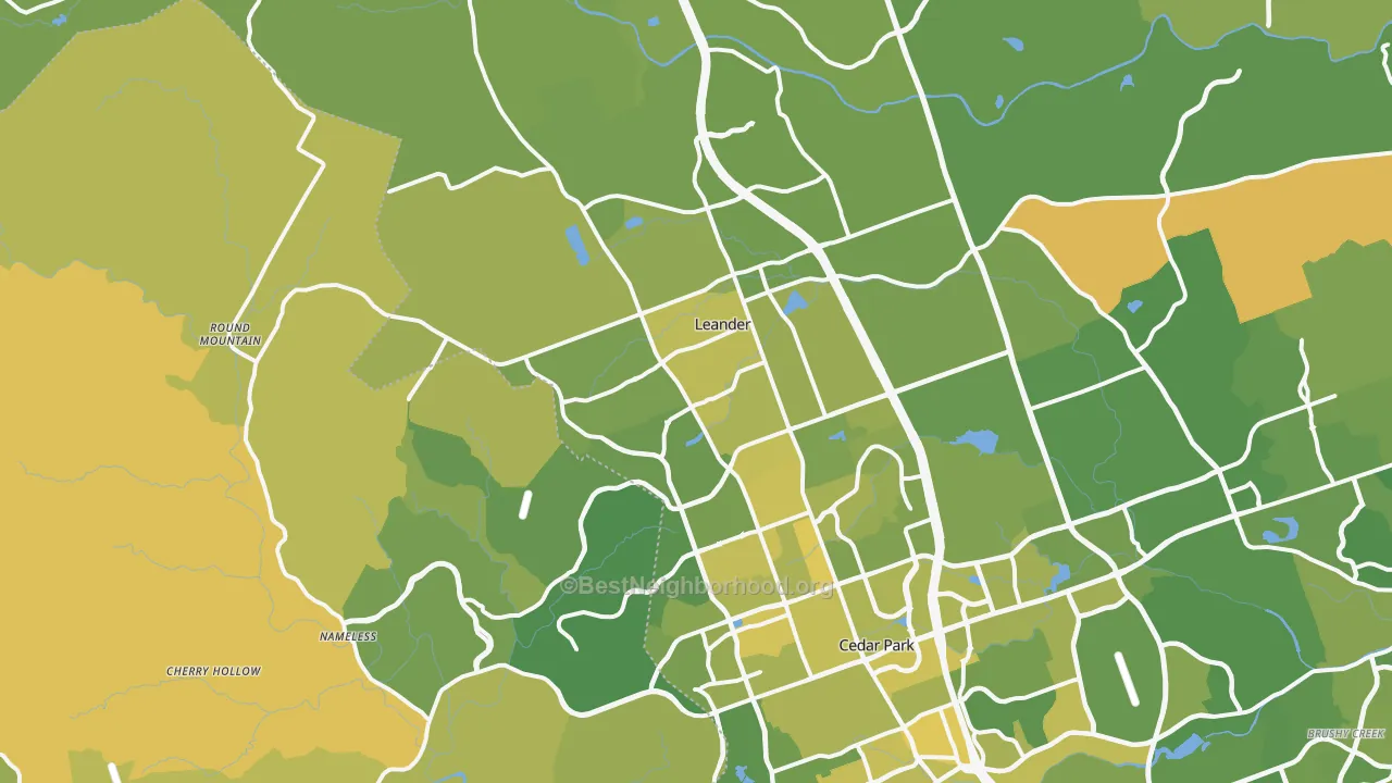 Map of the best neighborhoods in the 78641 area, with better matches in green and worse matches in red