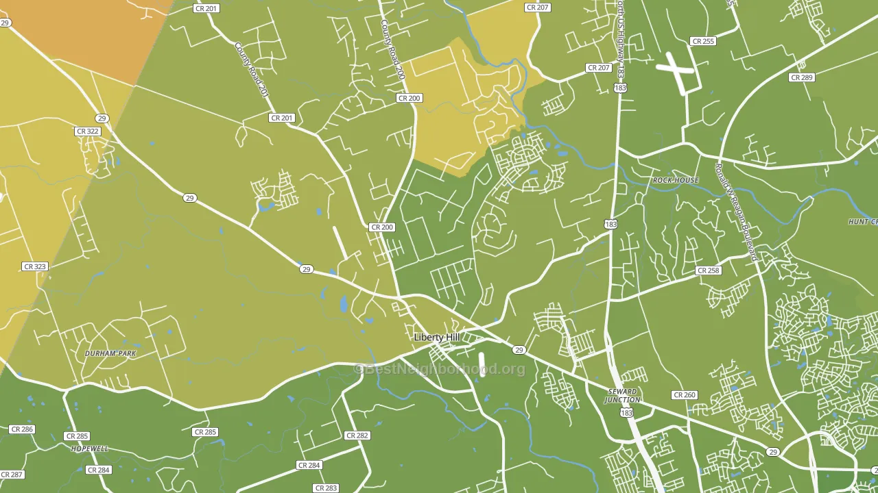 Map of the best neighborhoods in the 78642 area, with better matches in green and worse matches in red