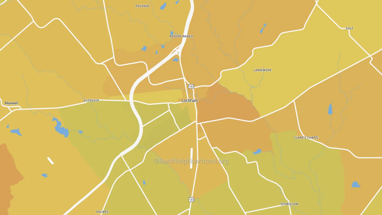 Map of the best neighborhoods in the 78644 area, with better matches in green and worse matches in red